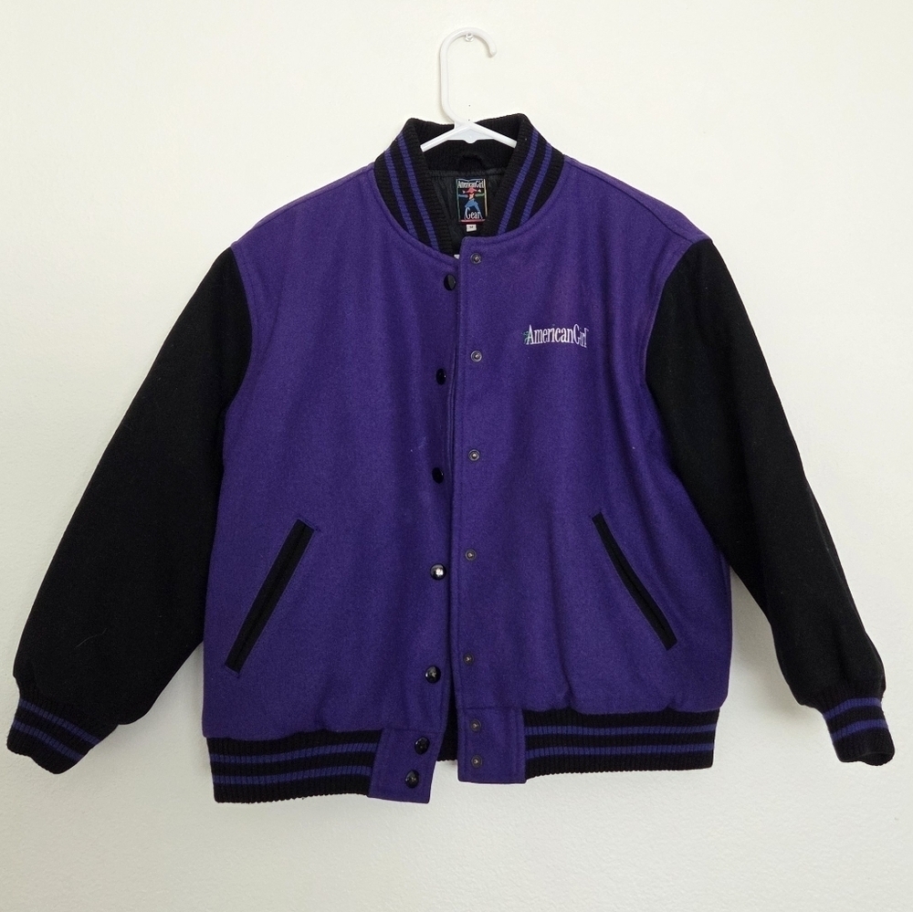 Vintage American Girl Wool Blend Varsity Bomber Jacket In Black and Purple Med